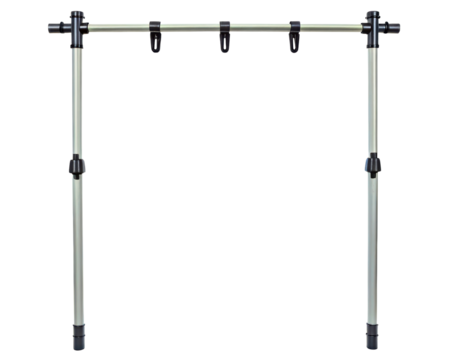 Adjustable telescopic stand with multiple utility hooks on a transparent background