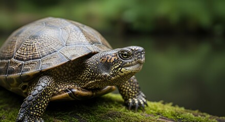 Fototapeta premium European pond turtle resting on mossy tree trunk
