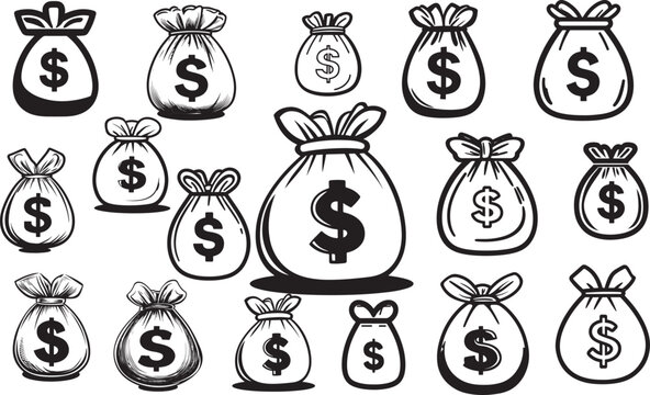Money Bag with Dollar Sign Vector Illustration: Bold Black and White Cash Sack Icon for Finance Branding, Investment Growth Symbols, Banking Graphics, Wealth Management Concepts, Business Success Icon