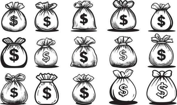 Money Bag with Dollar Sign Vector Illustration: Bold Black and White Cash Sack Icon for Finance Branding, Investment Growth Symbols, Banking Graphics, Wealth Management Concepts, Business Success Icon