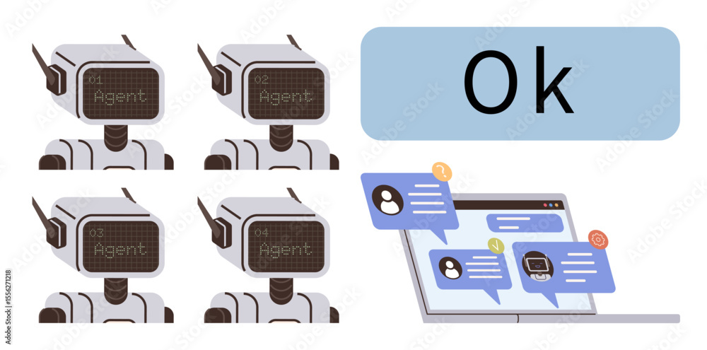 Poster four ai robots labeled ai agent alongside a chat interface with notifications and user interactions.