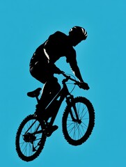Naklejka premium The cyclist's strong posture on his mountain bike is highlighted by the vivid blue background, symbolizing determination.