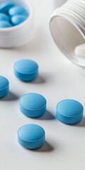 A close-up reveals blue tablets spilling from a white container against a clean background, symbolizing pharmaceuticals and healthcare.