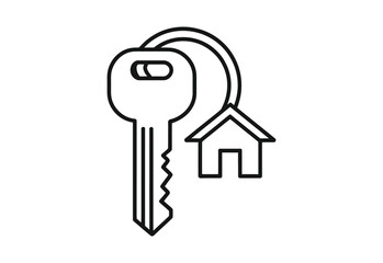 Simple black and white line art icon of a house key with a house charm