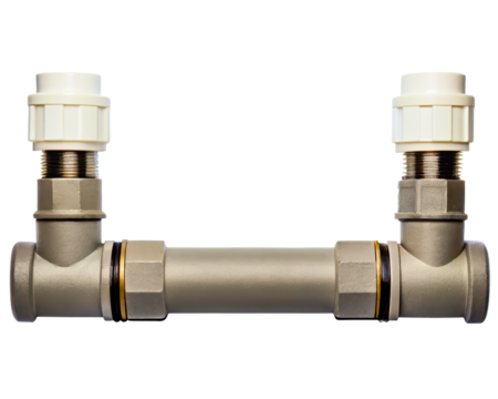 Plumbing bypass manifold with compression pipe fittings on a transparent background