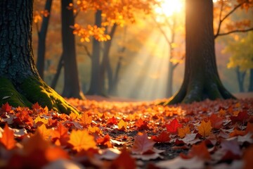 Sunlit Autumn Leaves Scattered on Forest Floor Warm, Inviting Fall Scene