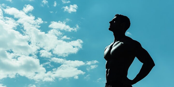 The serene outdoor scene features a muscular silhouette of a man in mid-air, executing a yoga pose with strength and balance against the backdrop of a clear blue sky dotted with fluffy clouds. - Powered by Adobe