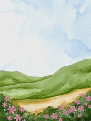 Watercolor Painting of Meadow Landscape with Flowers 