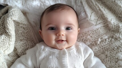 Soft newborn baby smiles brightly in gentle natural light, lying on a cozy white baby blanket, captured from an intimate close-up perspective.