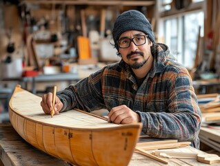 woodworking enthusiast sketching and measuring plywood