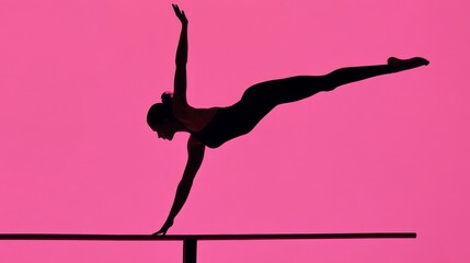Fototapeta premium An athletic pose by the silhouette of a gymnast highlights flexibility as it balances on the narrow beam against the bold red backdrop featuring athlete elements creating an impressive visual impact.