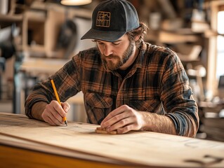 woodworking enthusiast sketching and measuring plywood
