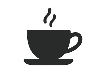 Simple black icon of a steaming cup of coffee on a saucer