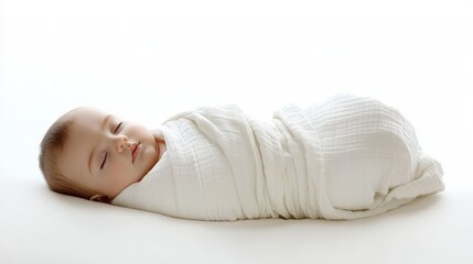 A peaceful newborn baby sleeps soundly in a white blanket, wrapped snugly and softly, creating a serene portrait against a minimalistic studio background.
