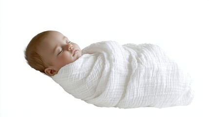 A serene portrait of a newborn baby peacefully asleep in a clean studio shot, swaddled in pure white, creating an innocent and tender moment.