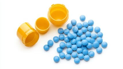 Brightly lit scene featuring scattered blue pills and two open yellow pill bottles with white caps, symbolizing a medication setup for relief.