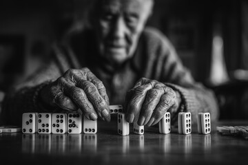 Timeless Game: An elderly individual's hands delicately arrange dominoes on a wooden surface, creating a scene that evokes a sense of contemplation and nostalgia.