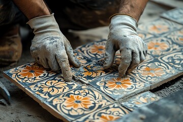 worker wearing gloves carefully installing decorative