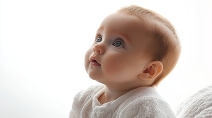 Innocent newborn baby gazing with bright eyes in a serene setting, wrapped in creamy white blankets under natural light.