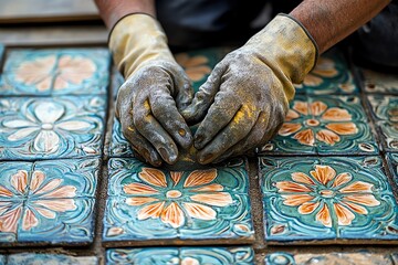 worker wearing gloves carefully installing decorative
