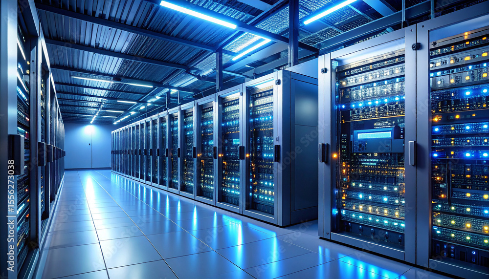 Aufkleber data center infrastructure: a modern data center, showcasing rows of powerful servers and network in