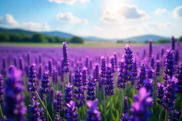 Naklejka premium Serene Summer Lavender Field Blossoms Swaying Gently in a Vibrant Purple Landscape, Perfect for Relaxation and Nature-Themed Designs