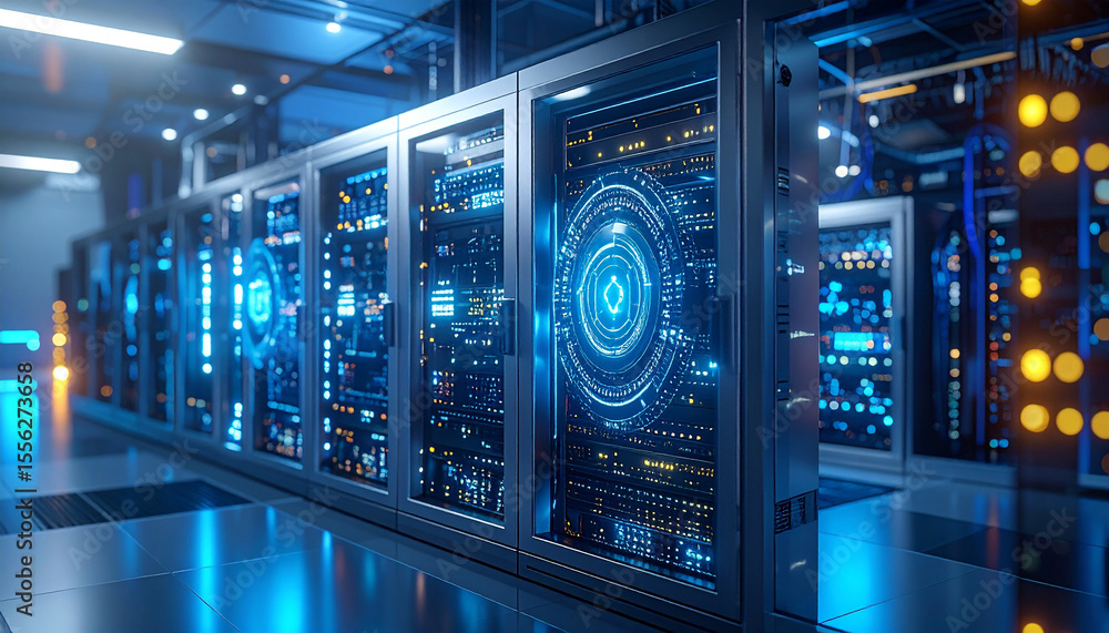 Aufkleber digital data center: a futuristic server room is illuminated with neon blue light, showcasing advanc