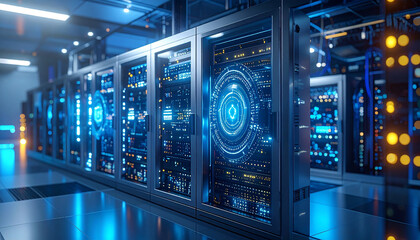 Digital Data Center: A futuristic server room is illuminated with neon blue light, showcasing advanced technology and secure data storage.