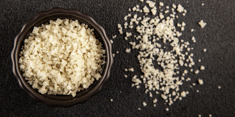 Food salt crystals sea food salt spices food additive gourmet food background on the table rustic top view copy space 