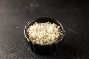 Food salt crystals sea food salt spices food additive gourmet food background on the table rustic top view copy space 