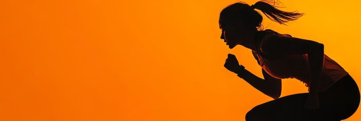 The running woman?s dynamic pose with motion blur highlights fitness over the vibrant orange background under warm light.