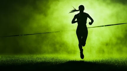 Athletic woman is captured mid-stride with strong sense of energy in side view against striking green background with dramatic lighting.