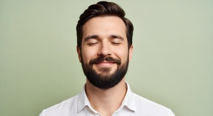Obraz premium Portrait of a Smiling Man with Eyes Closed, Relaxed and Content