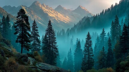 misty mountain scenery with morning light