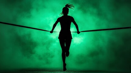 Woman running gracefully in dynamic motion captured by bright green studio environment emphasizing vitality and active lifestyle featuring side view elements creating an impressive visual impact.
