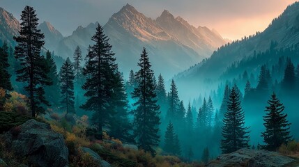 misty mountain scenery with morning light