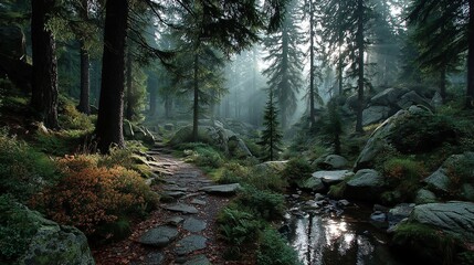 Obraz premium morning light passing through a gap in the trees in the middle of the forest