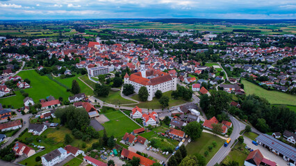 A panorama aerial view around the old town of the city Höchstädt an der Donau 89420 in Germany on a sunny spring morning
