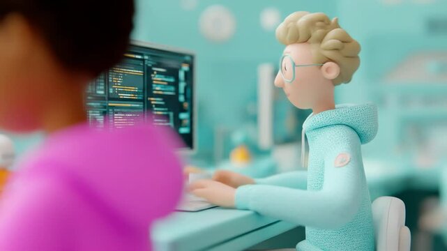 Cartoon style coder typing on computer in office