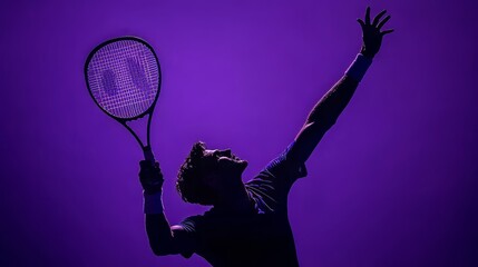 Tennis player executing a powerful serve in an action shot with dynamic pose and athletic movement, set against a vivid purple background.