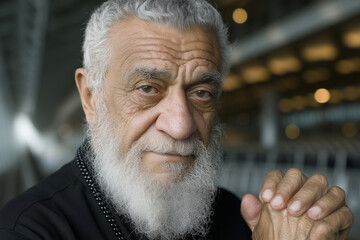 An Authentic Portrait of wisdom: A captivating portrait of a distinguished, gray-bearded gentleman with prayer beads, the essence of timeless wisdom and life's rich tapestry.