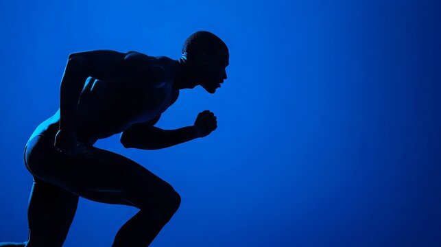 Focused runner ready to burst from blocks against a bright blue background, showcasing energetic pose and dynamic movement.