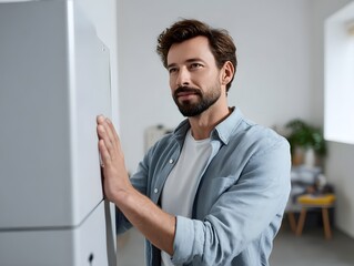Fototapeta premium man setting up home battery storage system