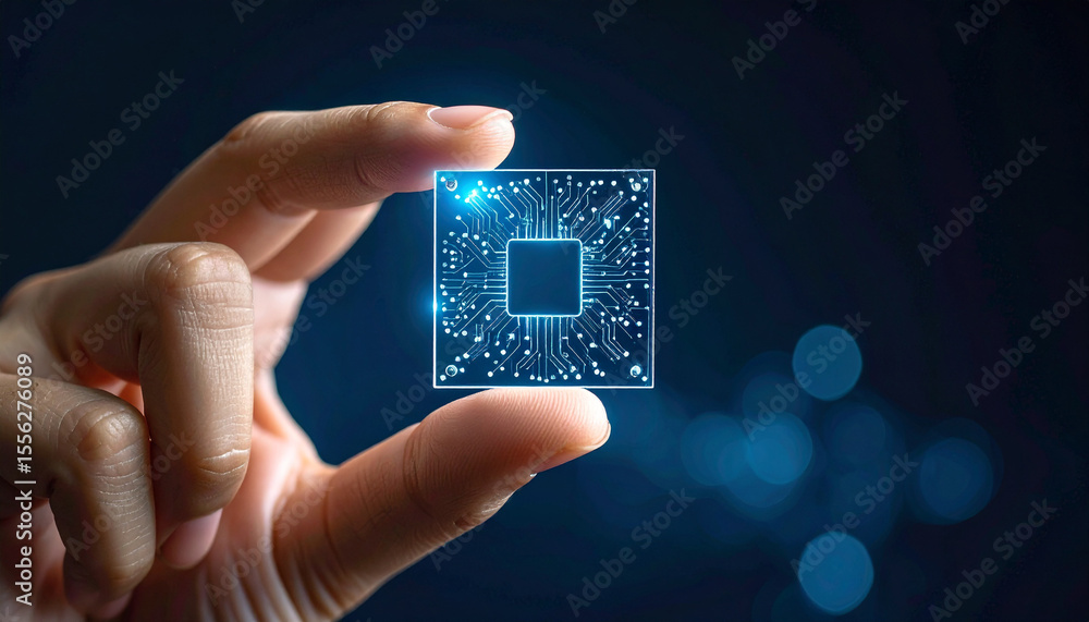 Poster microchip in hand: an abstract representation of advanced technology and connectivity, a glowing mic
