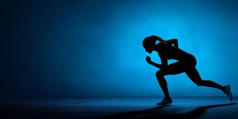 The silhouette captures a focused sprinter in mid-stride against deep blue lighting, showcasing athletic form and intense determination.