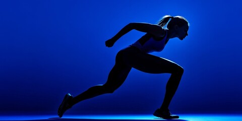 The determined female runner in her athletic pose exudes speed and energy against a deep blue background, captured in motion during track practice.