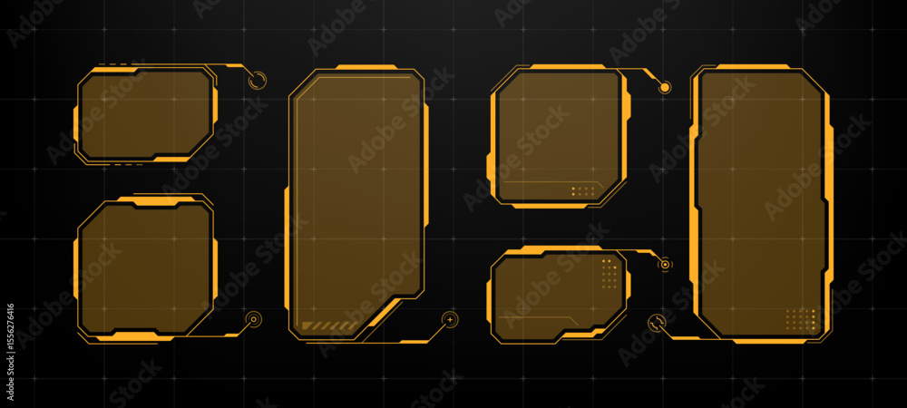 Poster Collection of futuristic head up display (HUD) frames and boxes in various shapes for data display and technological interface.
