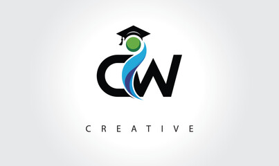 CW Creative Letter Logo with Graduation Cap and Abstract Human – Modern Education and Learning Symbol Design