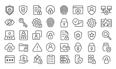 Editable Data Protection Thin Line Icon Set, Cybersecurity Privacy, Encryption, Access Control, Firewall, Compliance, Secure Transmission, User Authentication, Vector Illustration, Cutout.