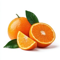 Oranges, leaves, and slices arranged together on a white background with soft lighting